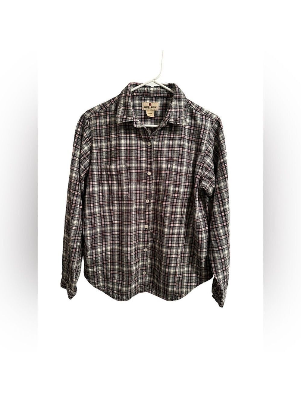 Woolrich Plaid Button Shirt, Womens Large 100% Cotton Black & White Long Sleeves